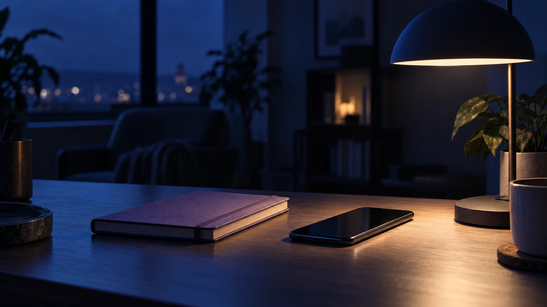Blank unbranded phone beside a closed notebook in soft lamp light