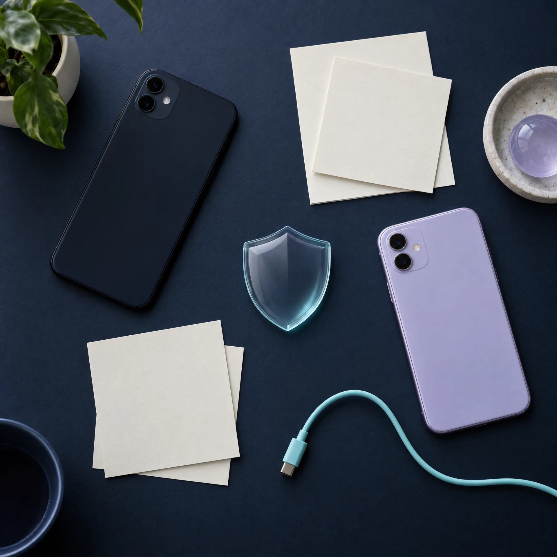 Phones, blank notes, and a translucent shield object on a dark desk