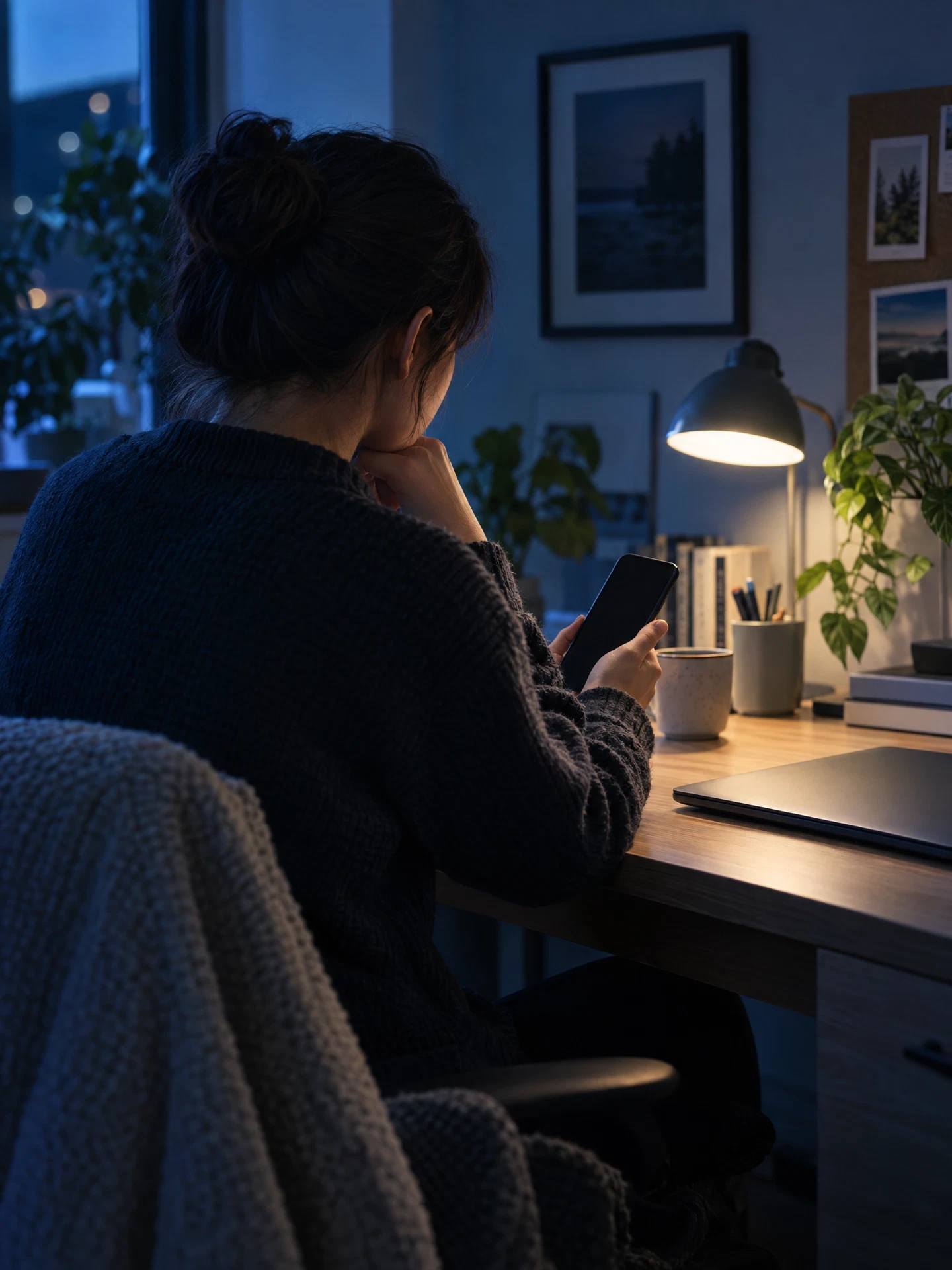 Person thoughtfully reviewing an unbranded phone at a home desk