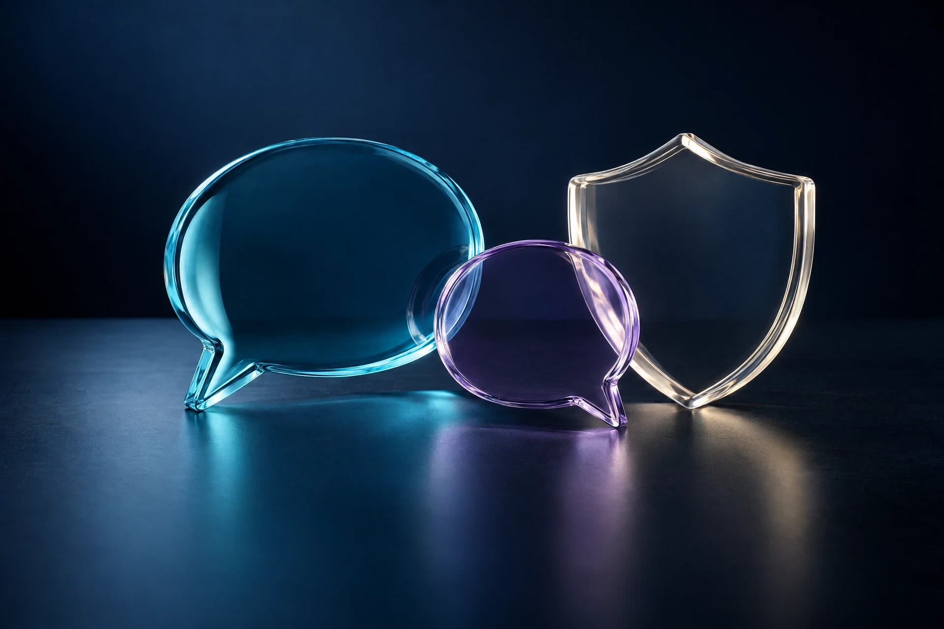 Abstract glass speech bubbles and shield shapes on a dark surface