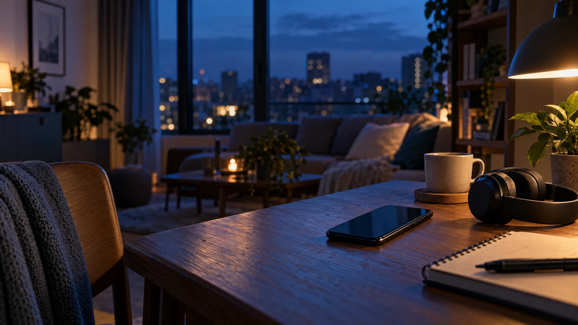 Calm evening desk with an unbranded phone and notebook