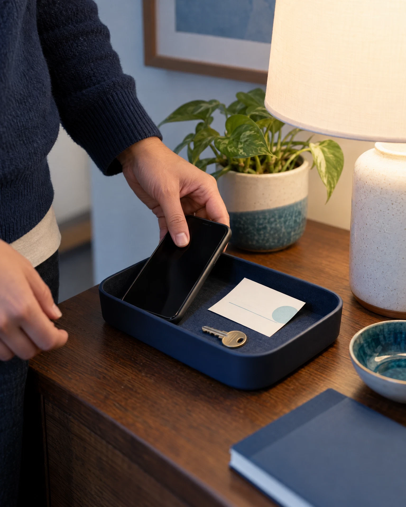 Person placing an unbranded phone into a desk tray