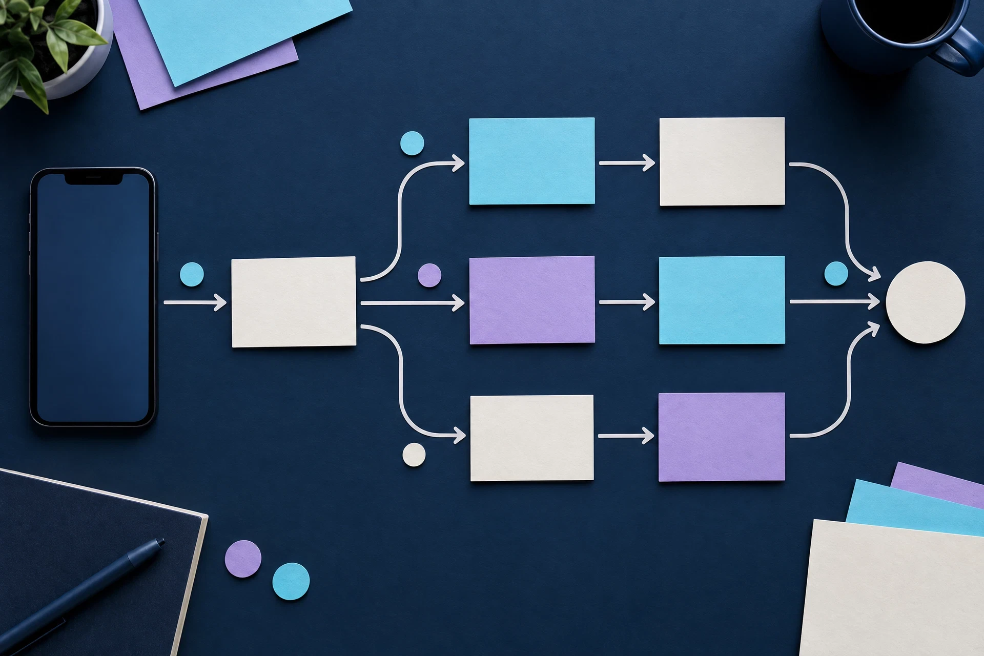 Abstract flow diagram with blank cards and phone silhouette